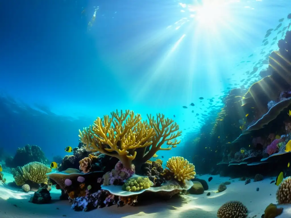 Arrecife de coral vibrante: vida marina en desierto submarino Vibrante arrecife de coral en un desierto submarino, con estrategias de alimentación en condiciones desérticas