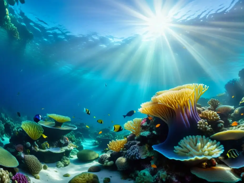 Arrecife de coral vibrante: vida marina en el desierto submarino Vibrante arrecife de coral en un desierto submarino, con peces, anémonas y flora marina