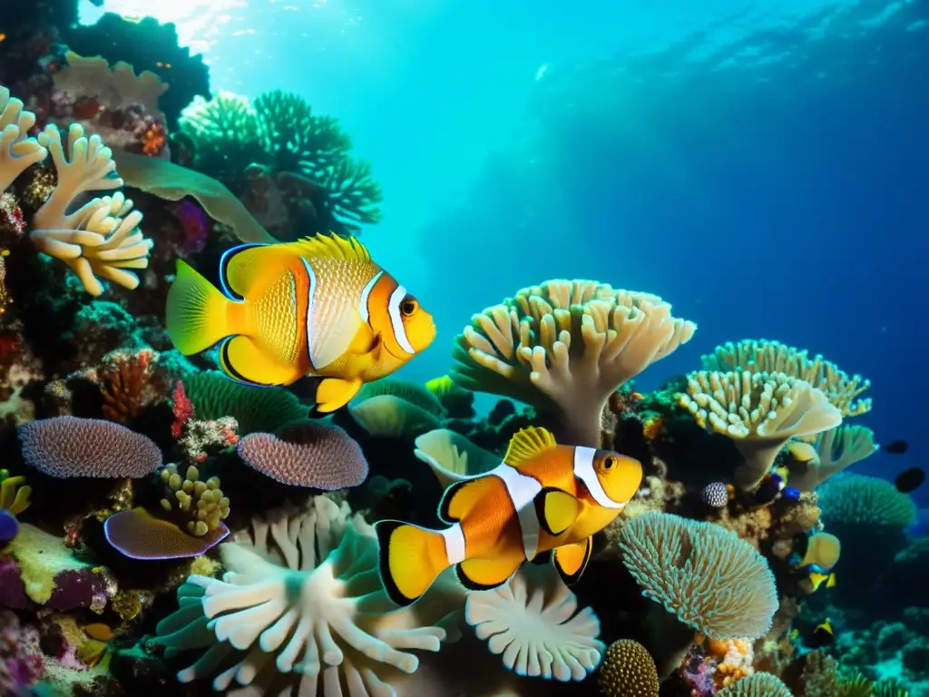 Un vibrante arrecife de coral con diversa vida marina, capturando la belleza natural