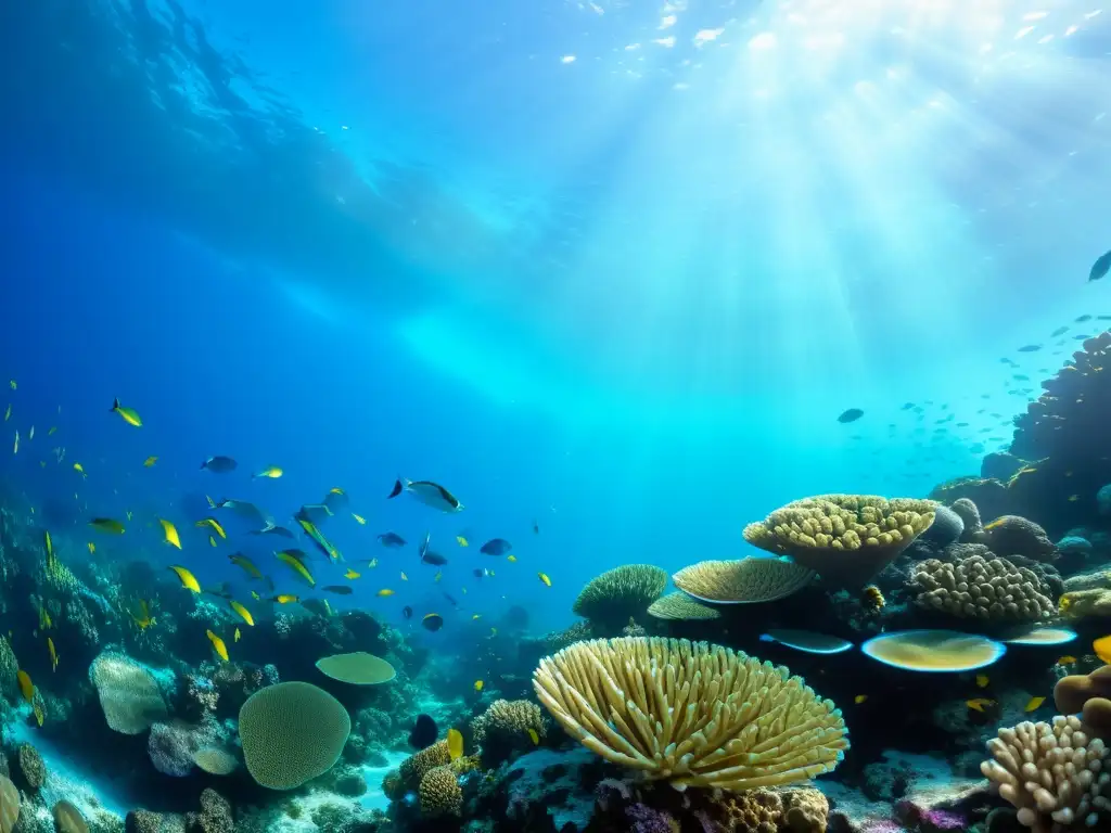 Vibrante arrecife de coral con diversa vida marina; muestra la salud de los océanos y vida global en un mundo submarino tranquilo y armonioso