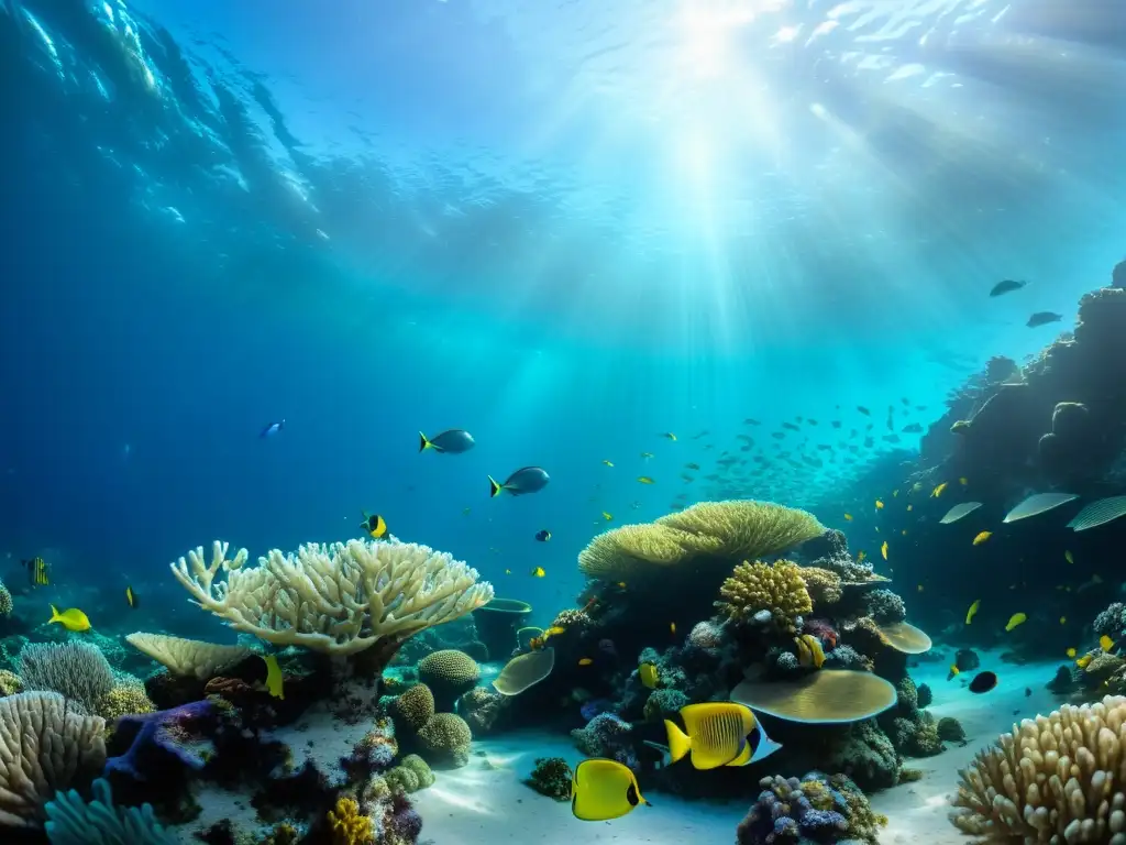 Vibrante arrecife de coral con diversa vida marina y ADN ambiental para censo marino