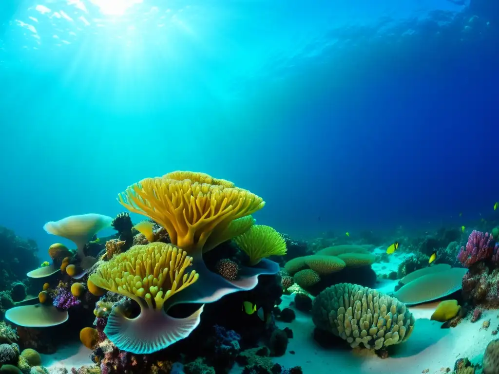 Un vibrante arrecife de coral con diversa vida marina, destacando la belleza y fragilidad de los corales marinos