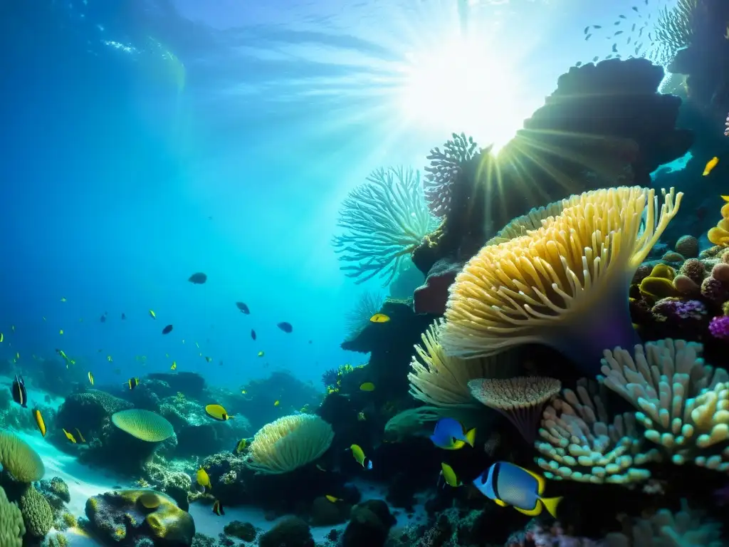 Vibrante arrecife de coral con diversa vida marina