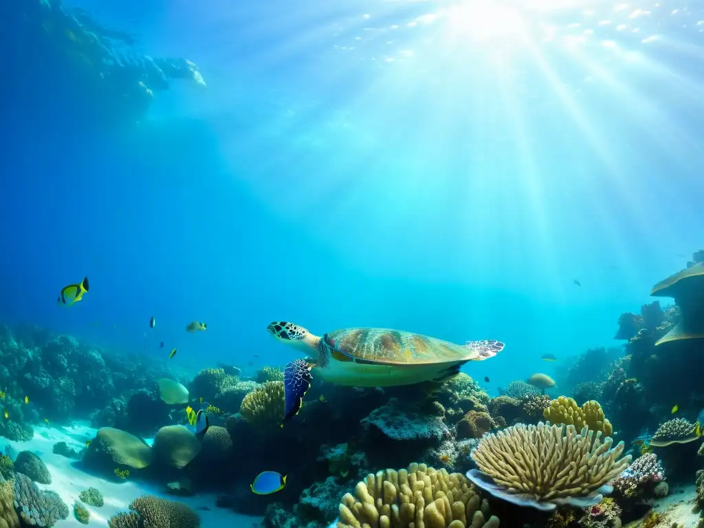 Vibrante arrecife de coral con diversa vida marina y claridad impresionante, mostrando la importancia de la conservación en áreas protegidas marinas