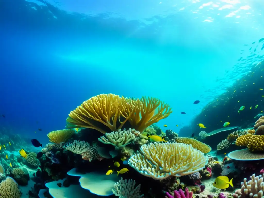 Vibrante arrecife de coral con diversa vida marina, mostrando la toxicidad del agua en arrecifes en un ecosistema submarino próspero