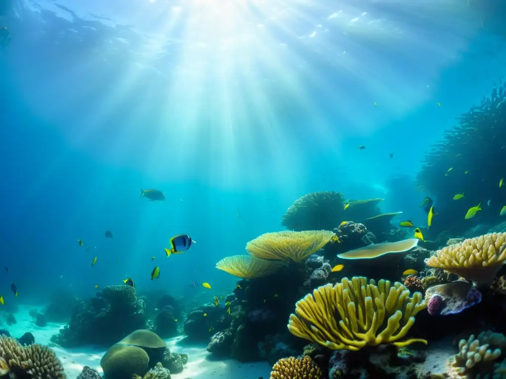 Vibrante arrecife de coral con diversa vida marina y efectos de luz, técnicas de composición para fotografías submarinas