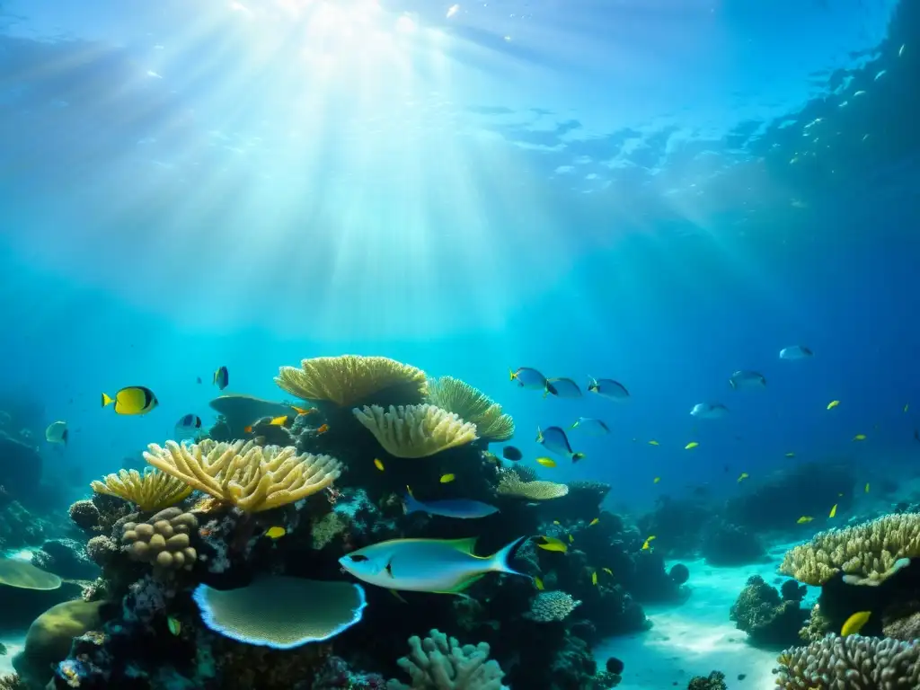 Vibrante arrecife de coral con diversa vida marina y sistemas de monitoreo de la prevención de la erosión costera