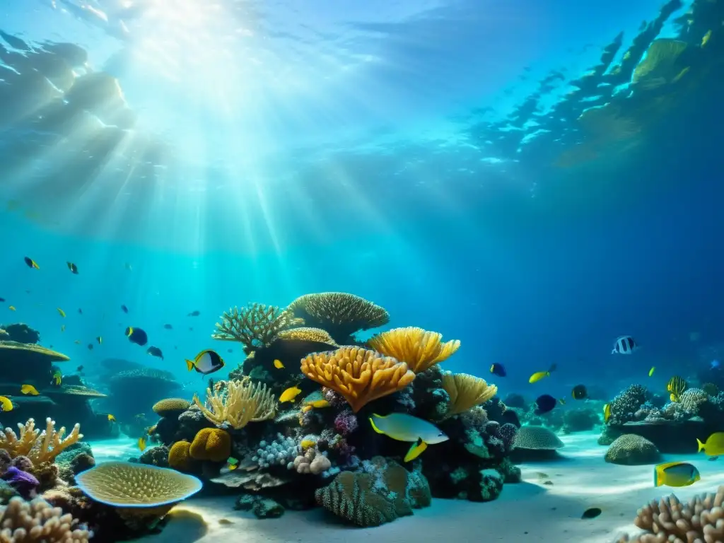 Vibrante arrecife de coral con diversa vida marina y adaptaciones de la vida submarina en asombrosa claridad y colorido