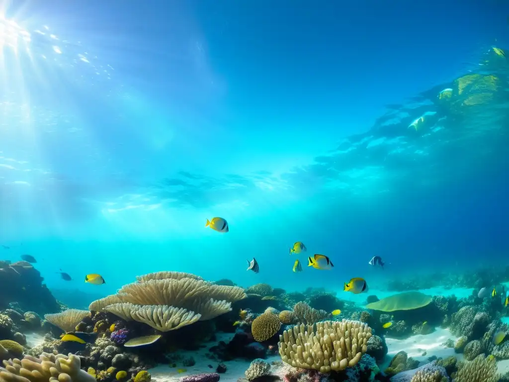 Un vibrante arrecife de coral con diversa vida marina y la importancia de dieta marina sostenible