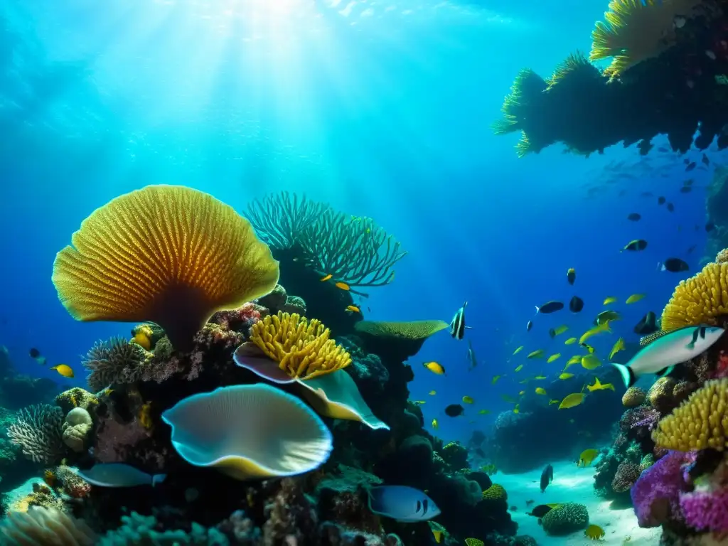 Vibrante arrecife de coral con diversa vida marina