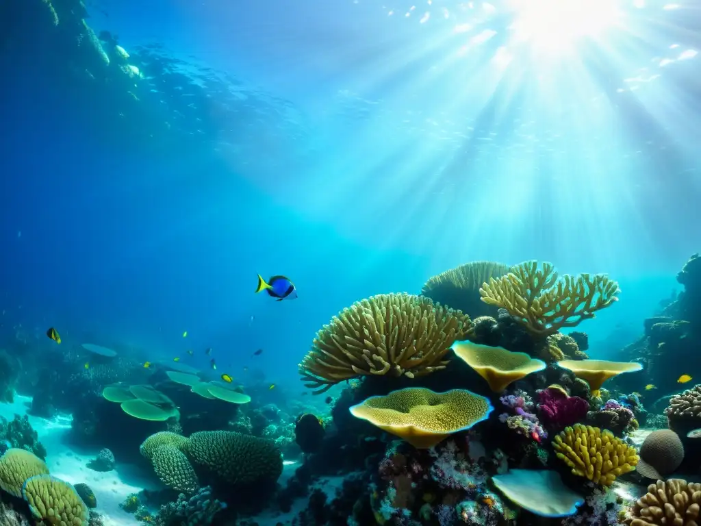 Un vibrante arrecife de coral con diversa vida marina, oportunidades de inversión en biodiversidad marina