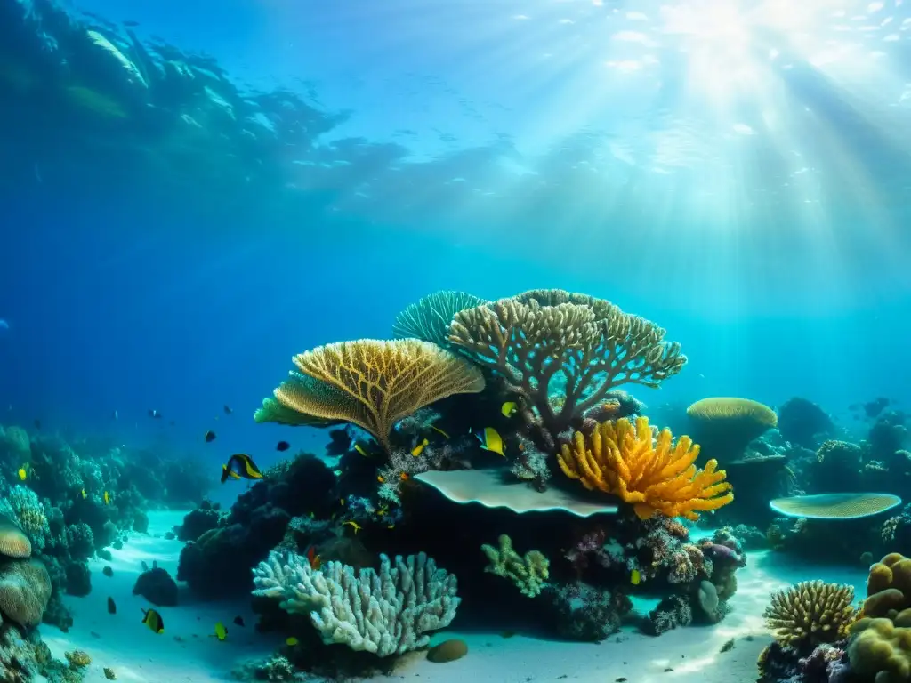 Un vibrante arrecife de coral con diversa vida marina, reflejando el impacto de la inversión oceánica en un escenario submarino tranquilo y hermoso