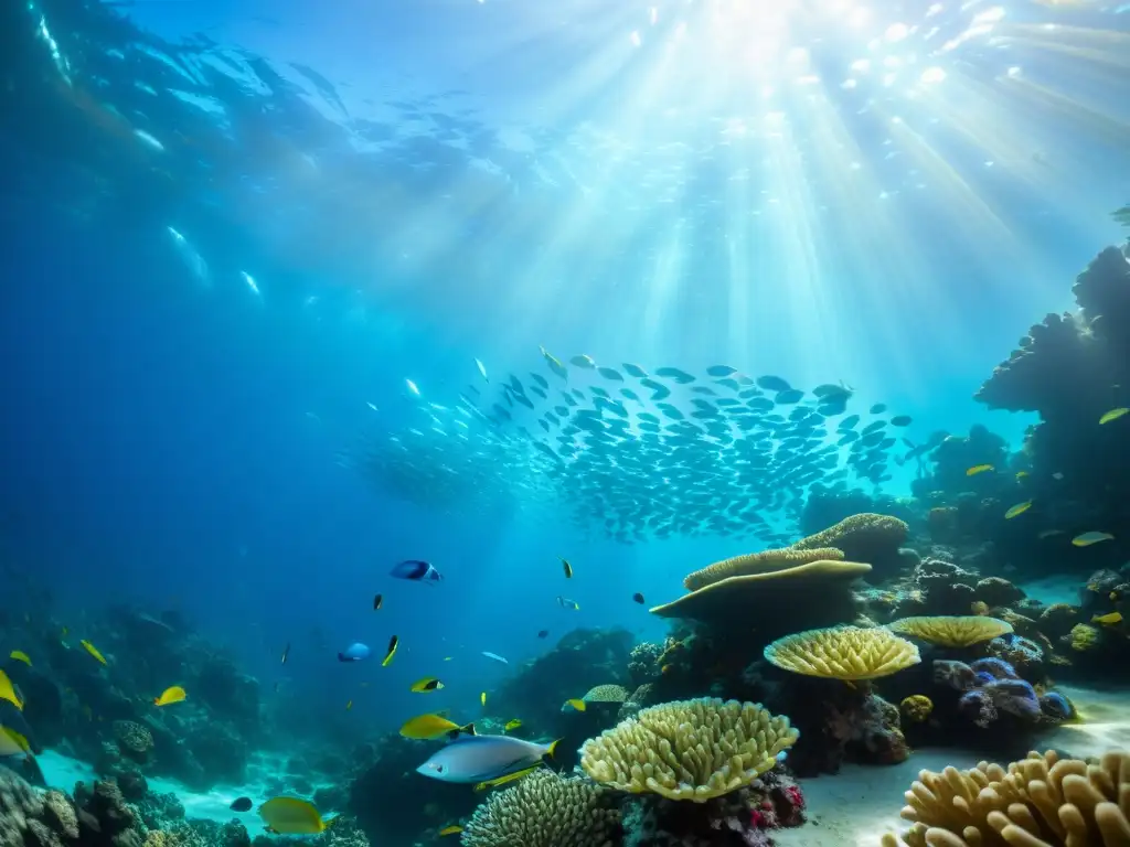 Un vibrante arrecife de coral con una diversidad de peces nadando entre formas intrincadas