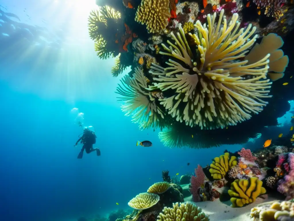 Vibrante arrecife de coral con diversidad de crustáceos marinos