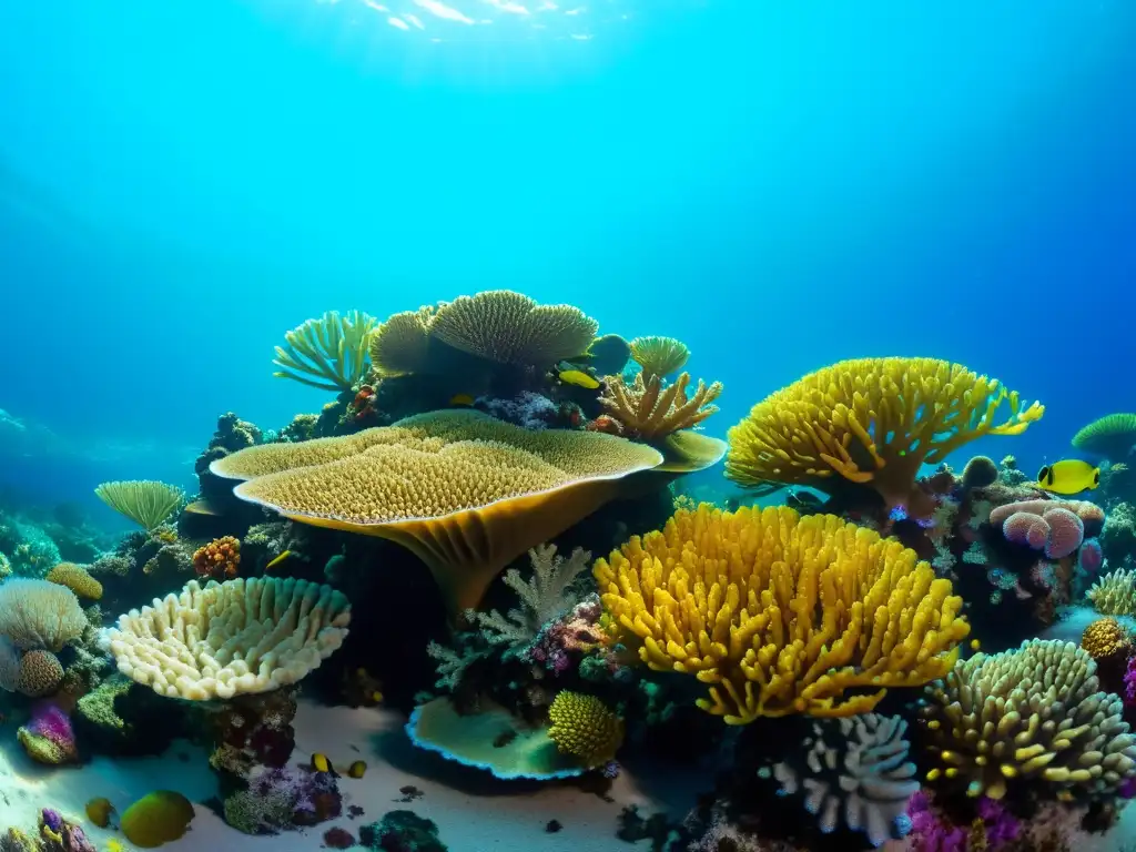 Vibrante arrecife de coral, con diversidad de especies y adaptabilidad de los corales al calentamiento oceánico