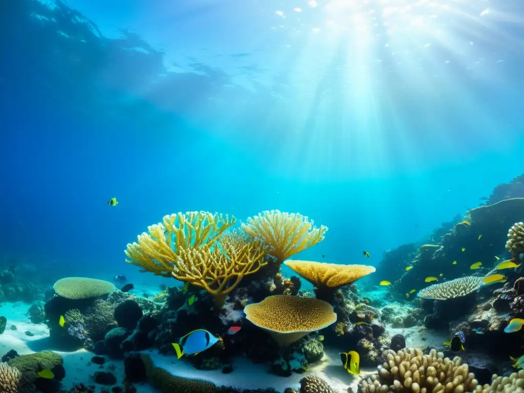 Vibrante arrecife de coral con efectos letales microplásticos océano, peces coloridos y corales intrincados bajo el agua azul