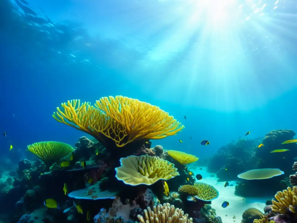 Vibrante arrecife de coral con biodiversidad marina y efectos de la nanotecnología en conservación marina