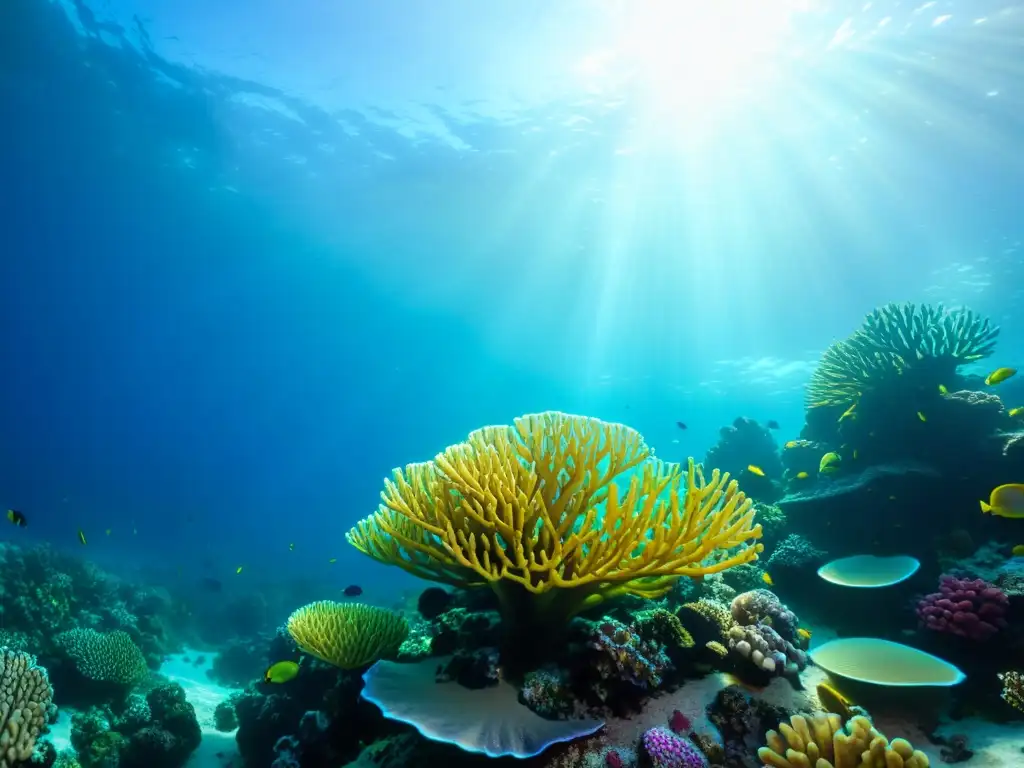 Vibrante arrecife de coral con estampados sostenibles y vida marina colorida bajo la luz del sol