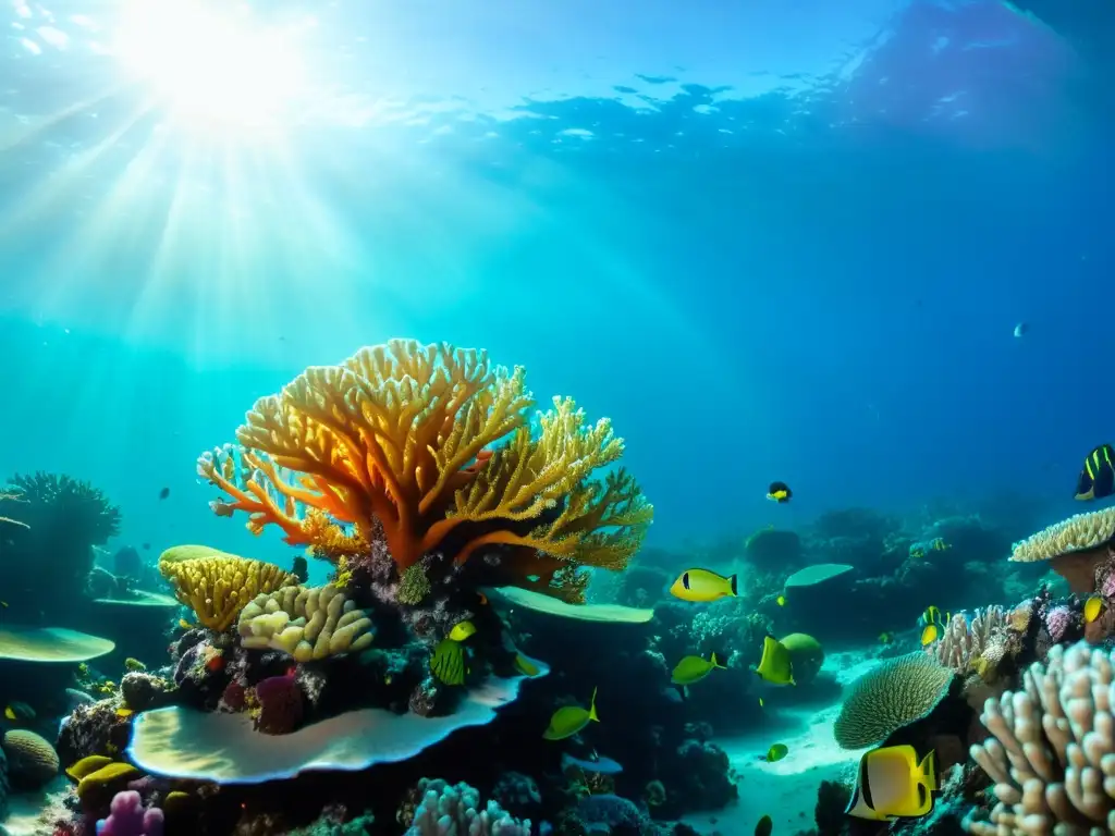 Un vibrante arrecife de coral, con estampados sostenibles de arrecifes de coral y una diversidad de vida marina colorida