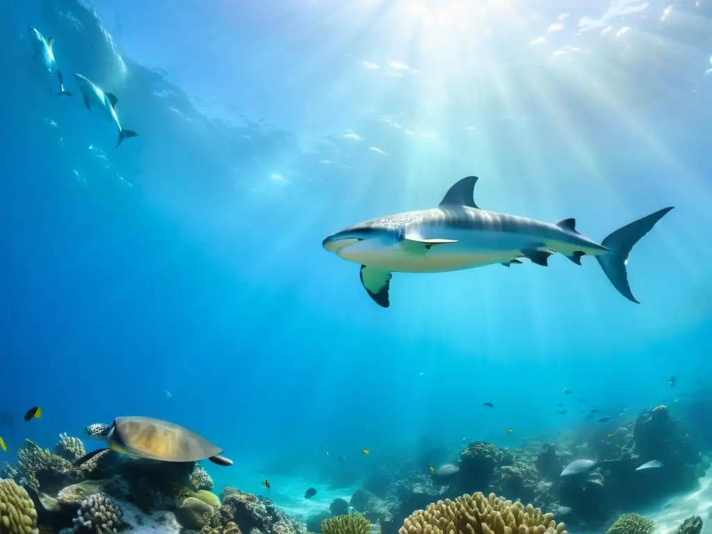 Vibrante arrecife de coral con fauna marina y migración forzada, bajo el agua cristalina