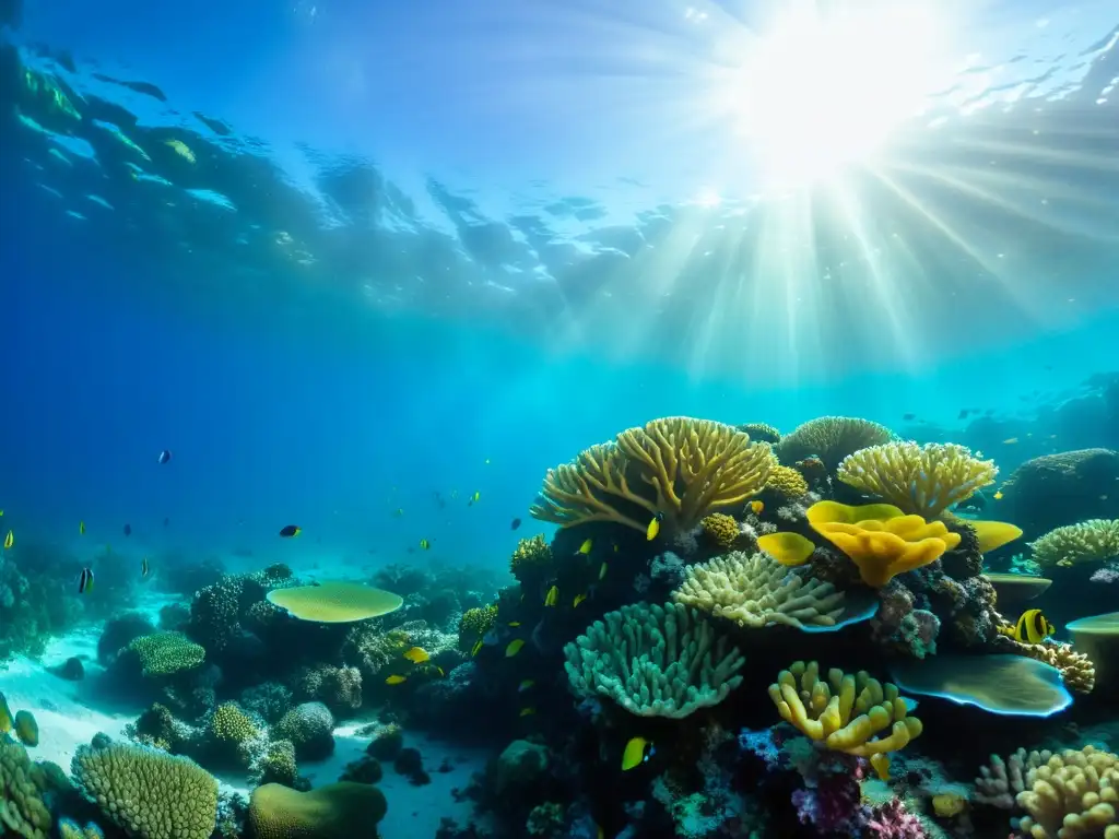 Un vibrante arrecife de coral, con formaciones coloridas y peces en un agua cristalina