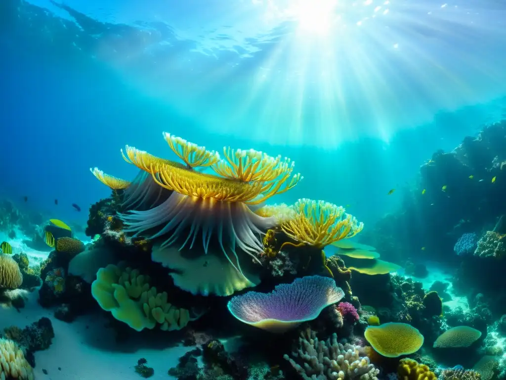 Un vibrante arrecife de coral, hogar de diversas especies marinas, iluminado por el sol, evoca los beneficios de las algas marinas