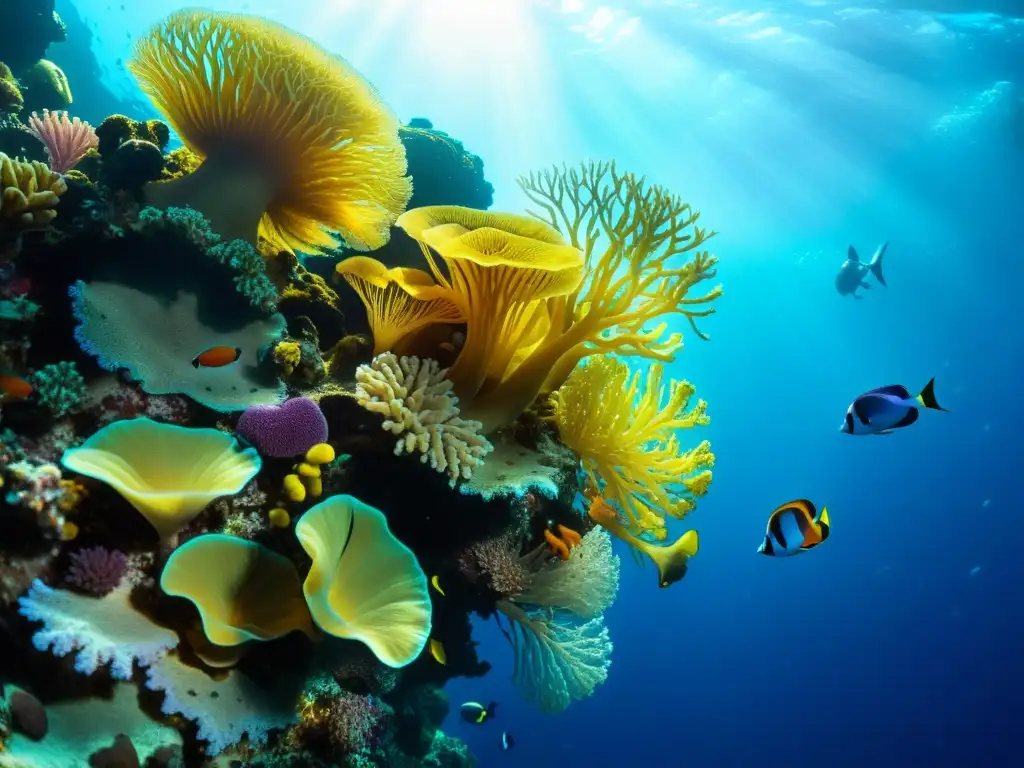 Un vibrante arrecife de coral, hogar de coloridos peces, anémonas y abanicos marinos