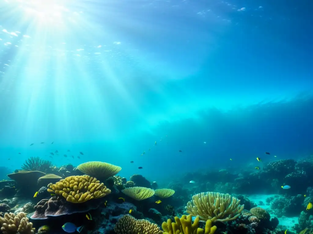 Un vibrante arrecife de coral, hogar de diversa vida marina, bajo la influencia de conflictos jurisdiccionales en mares internacionales