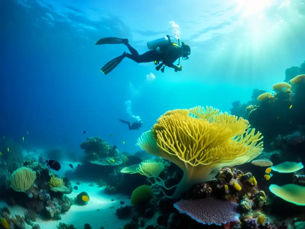 Vibrante arrecife de coral iluminado por plancton bioluminiscente, con buceadores explorando