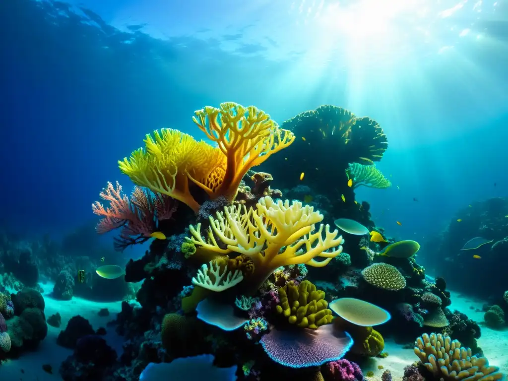 Vibrante arrecife de coral iluminado por linterna buceo nocturno, revelando la biodiversidad marina y la belleza submarina