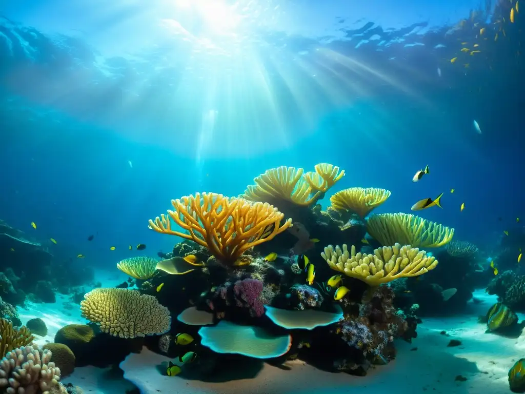 Vibrante arrecife de coral iluminado por potentes linternas de buceo, con detalles coloridos y peces tropicales en movimiento