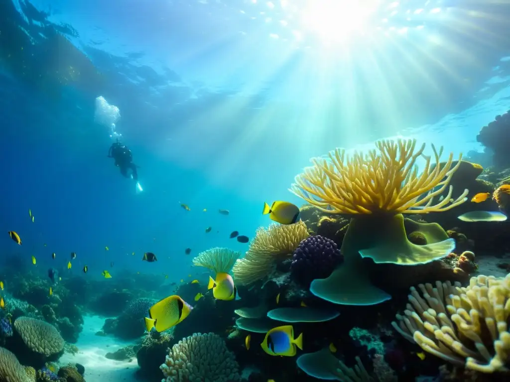 Vibrante arrecife de coral con impacto decoraciones acuario marino, peces coloridos y anémonas bajo la cálida luz del sol