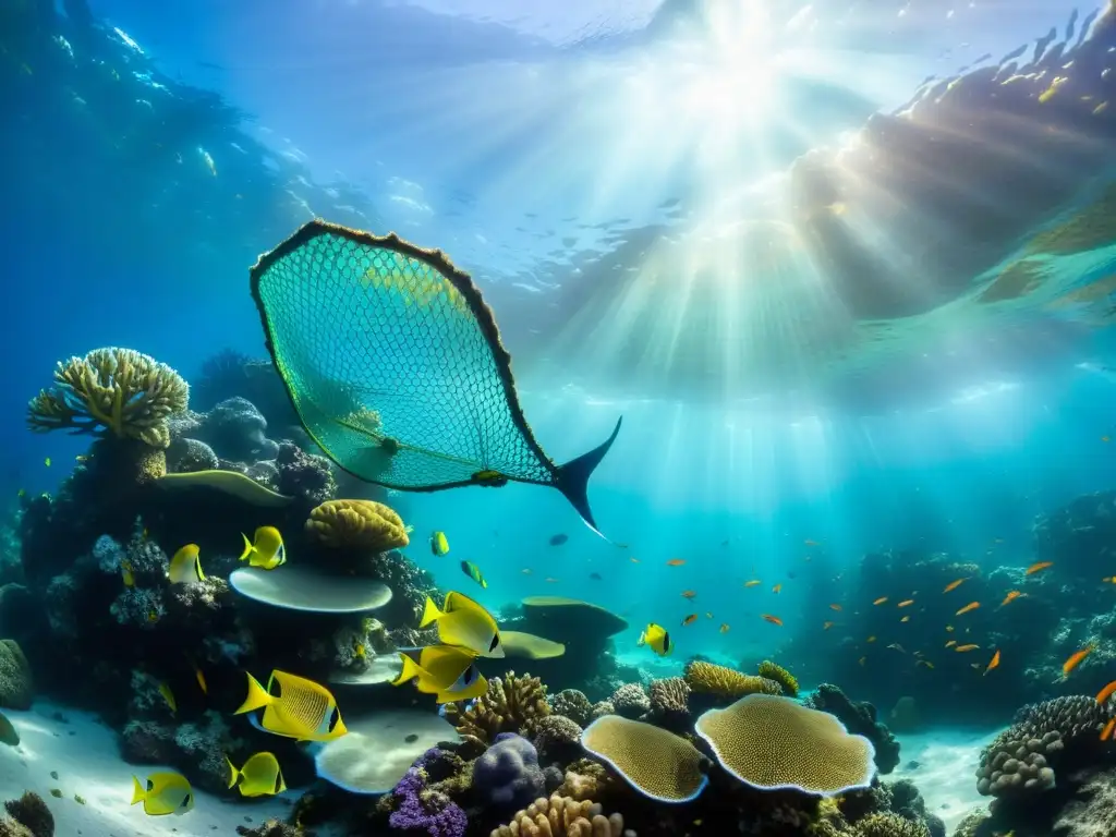 Vibrante arrecife de coral con impacto ambiental de la pesca fantasma, peces coloridos y red entrelazada en un delicado ecosistema marino