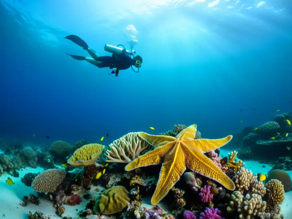 Vibrante arrecife de coral con impacto económico de estrellas de mar invasoras y diversa vida marina