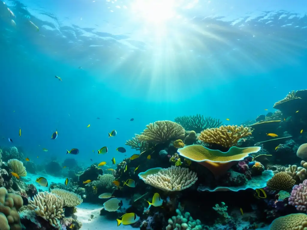 Vibrante arrecife de coral en 8k, impacto cambio climático arrecifes coral, peces coloridos y estructuras coralinas detalladas bajo el agua turquesa