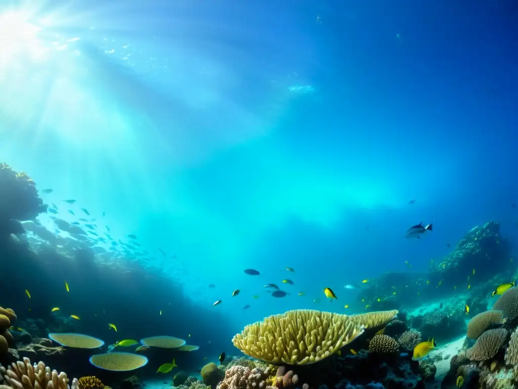 Vibrante arrecife de coral, impacto cambio climático corrientes marinas: vida marina entre corales, luz y sombra en el fondo oceánico