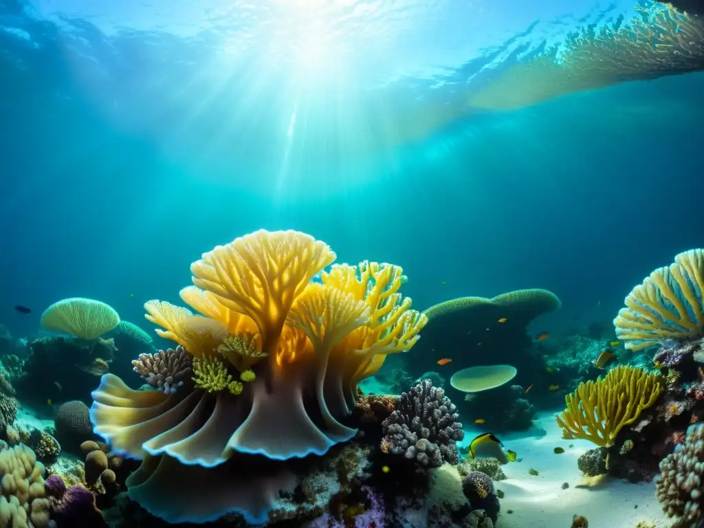 Vibrante arrecife de coral, destacando la importancia del ciclo del carbonato de calcio en el ecosistema marino