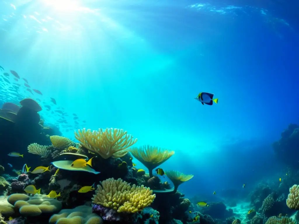 Vibrante arrecife de coral con ingredientes marinos para rutina belleza, vida marina colorida bajo el agua cristalina