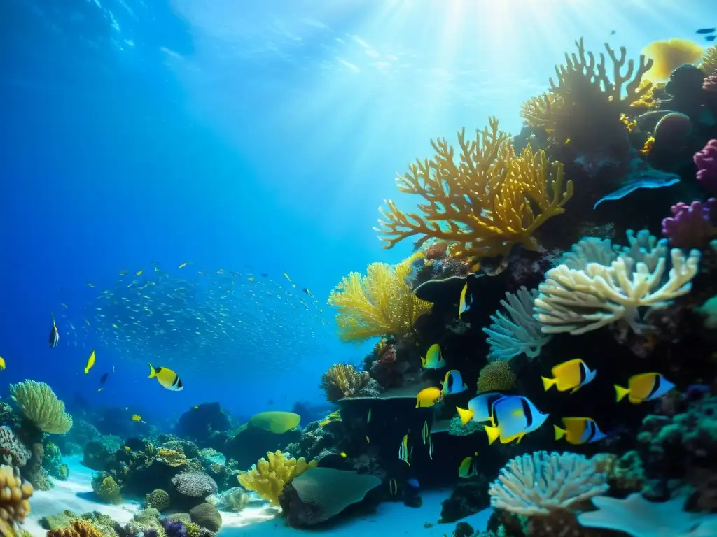 Un vibrante arrecife de coral lleno de peces y vida marina, con un fondo de agua cristalina