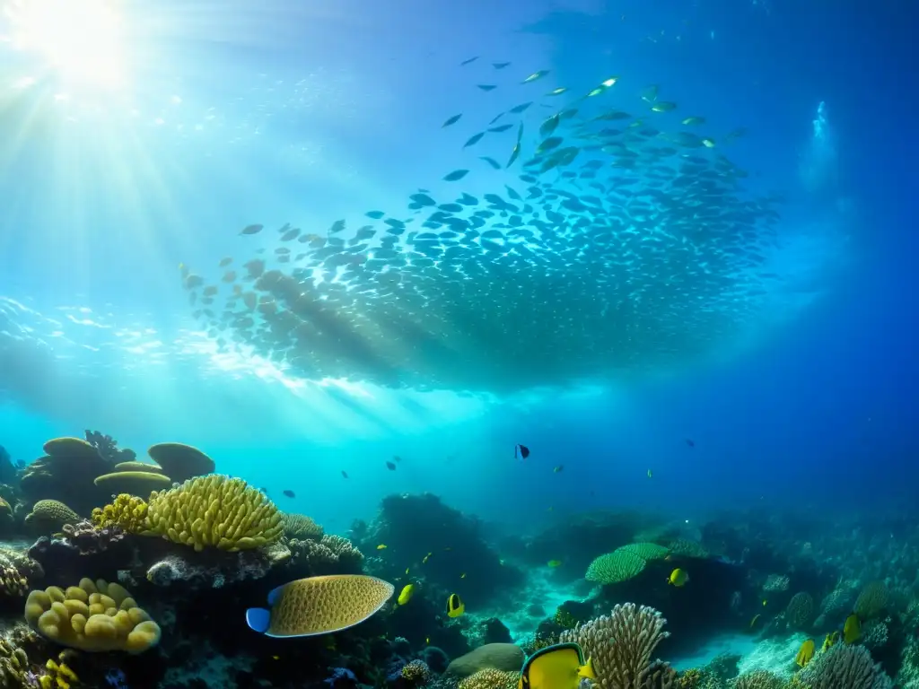 Un vibrante arrecife de coral lleno de vida marina, con oportunidades de inversión en conservación marina