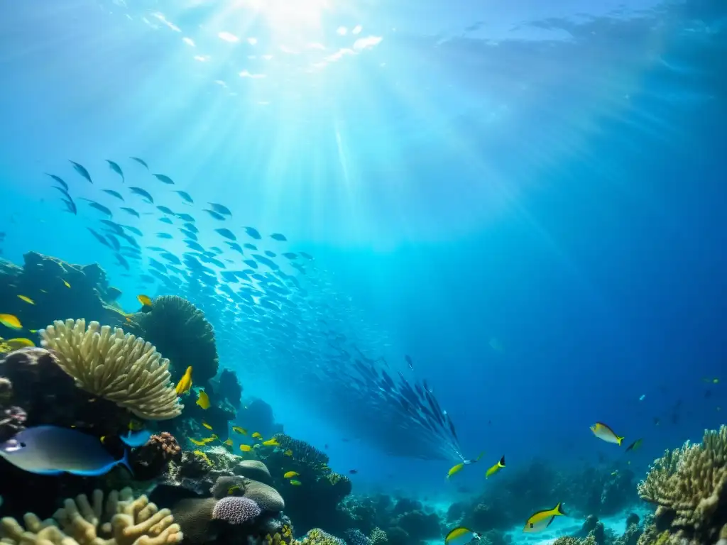 Un vibrante arrecife de coral lleno de peces rodeado de aguas cristalinas