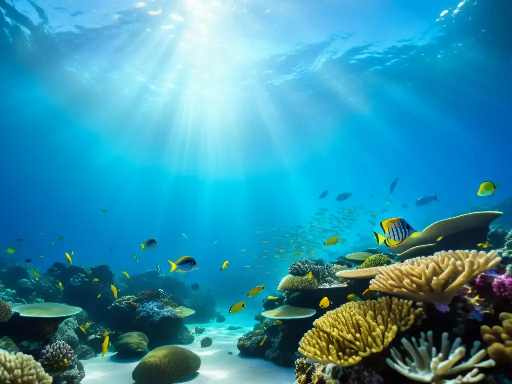 Un vibrante arrecife de coral lleno de peces y plantas marinas, con rayos de sol que crean una escena submarina hipnotizante