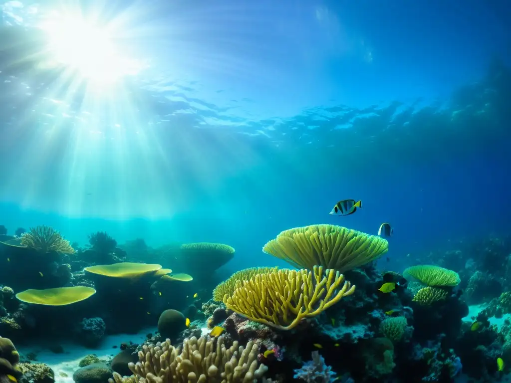 Un vibrante arrecife de coral lleno de vida marina y criaturas coloridas, iluminado por el sol filtrado en el agua cristalina