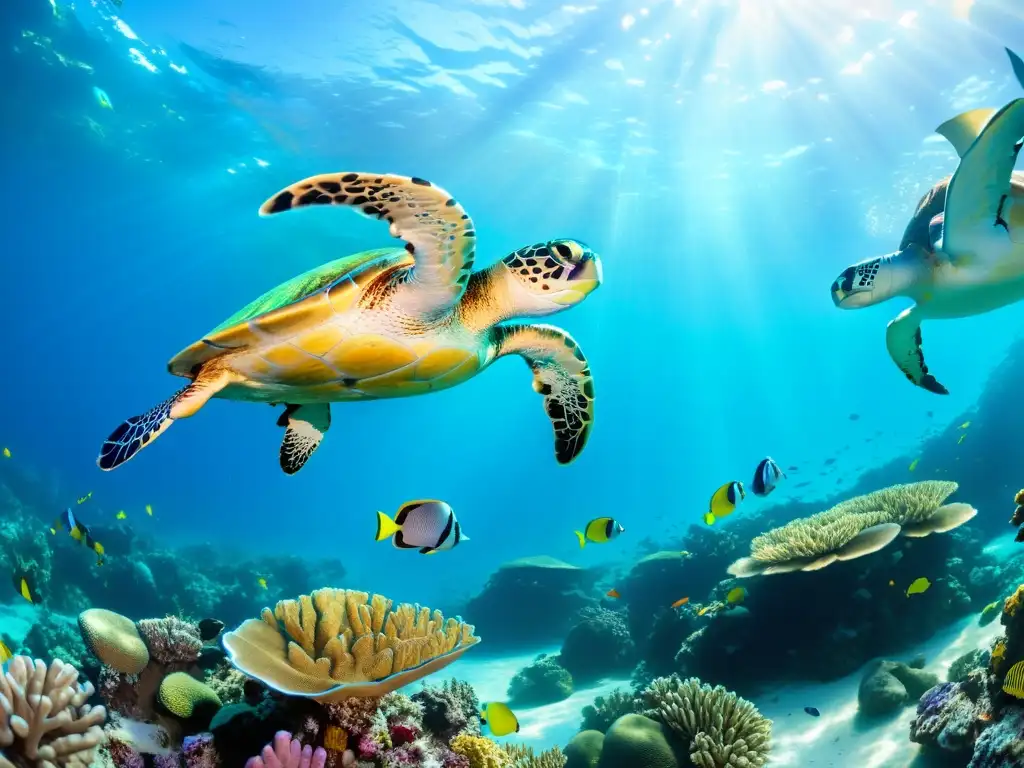 Un vibrante arrecife de coral lleno de vida marina bajo el agua, iluminado por la luz solar