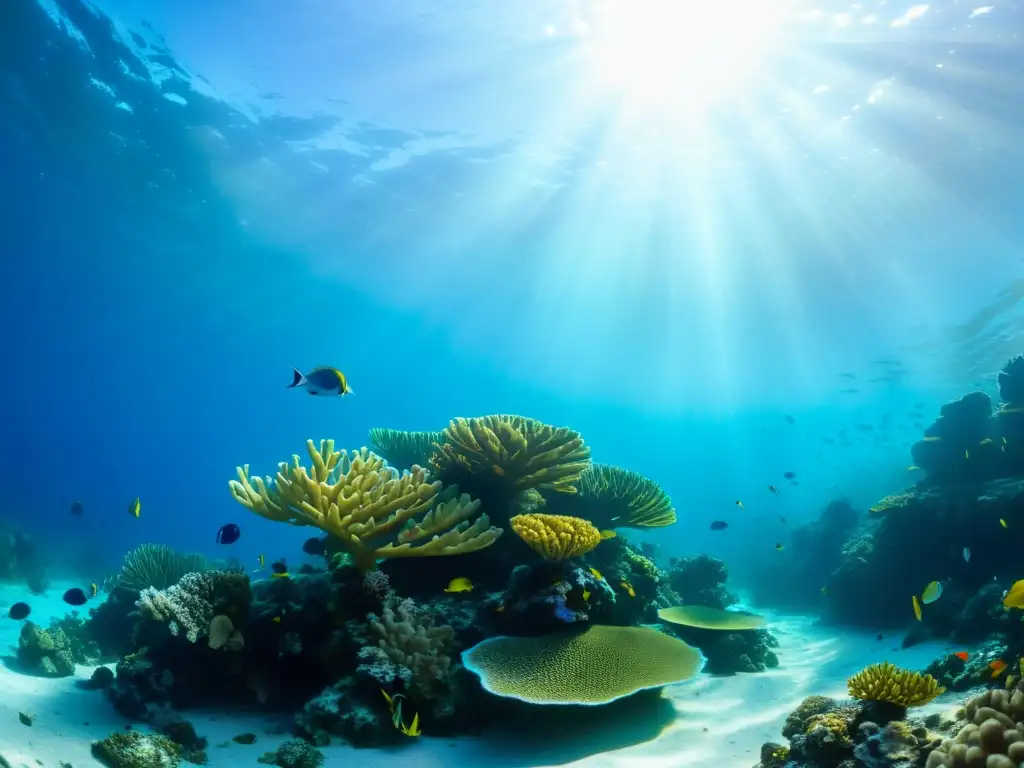 Un vibrante arrecife de coral lleno de vida marina bajo el agua, mostrando la importancia de la ropa sostenible para conservación marina