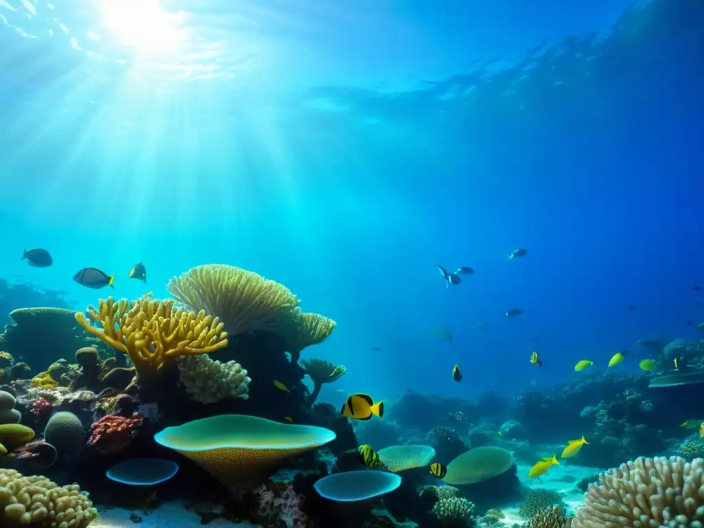 Un vibrante arrecife de coral lleno de vida marina diversa, con peces coloridos, anémonas de mar y plantas acuáticas ondeantes, todo ello enmarcado por aguas cristalinas