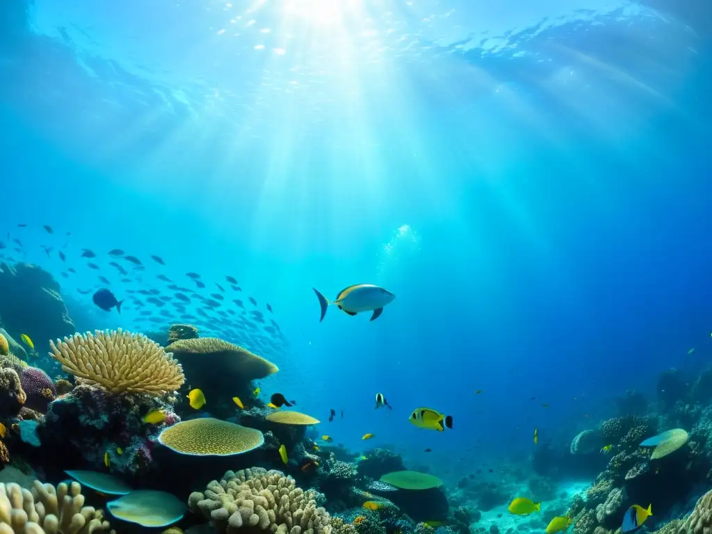 Un vibrante arrecife de coral lleno de vida marina diversa, con peces coloridos, tortugas marinas y anémonas