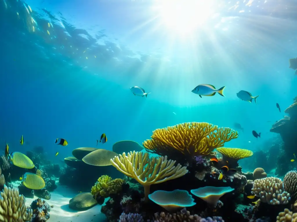 Vibrante arrecife de coral lleno de vida marina y plantas acuáticas, bajo el agua cristalina