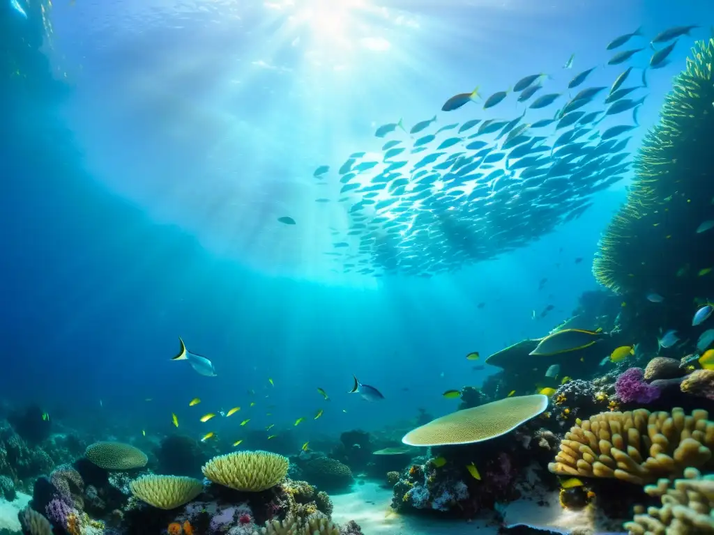 Un vibrante arrecife de coral lleno de vida marina, con peces plateados nadando entre corales coloridos bajo la luz del sol