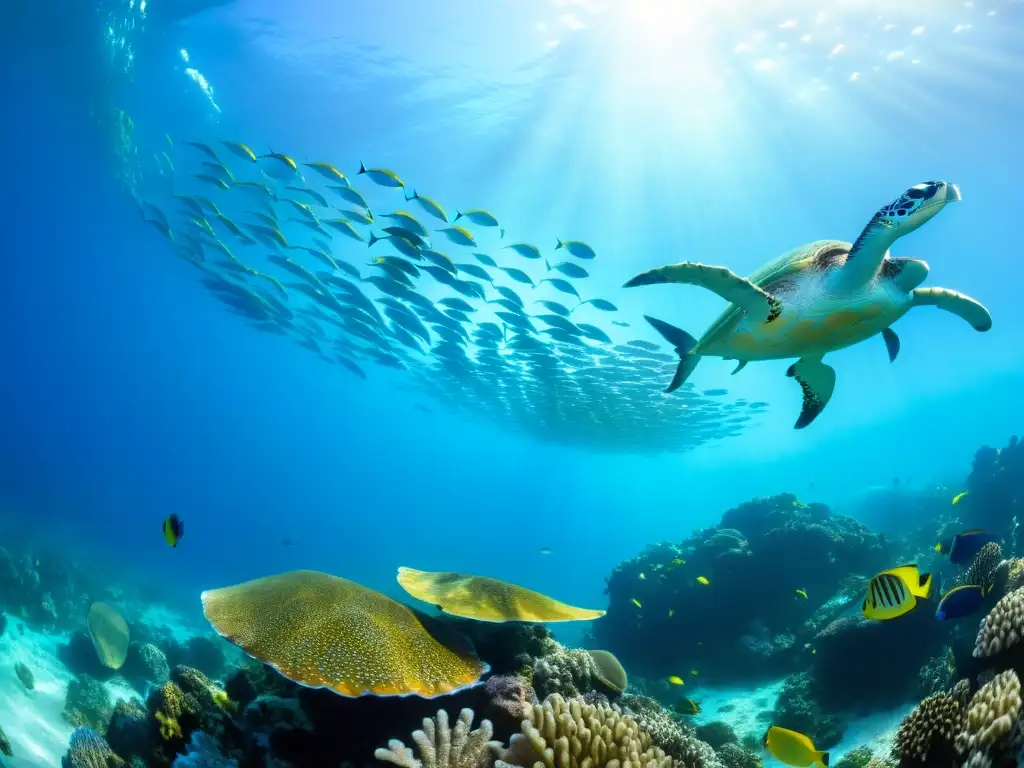 Un vibrante arrecife de coral lleno de peces coloridos, plantas marinas ondeantes y vida marina